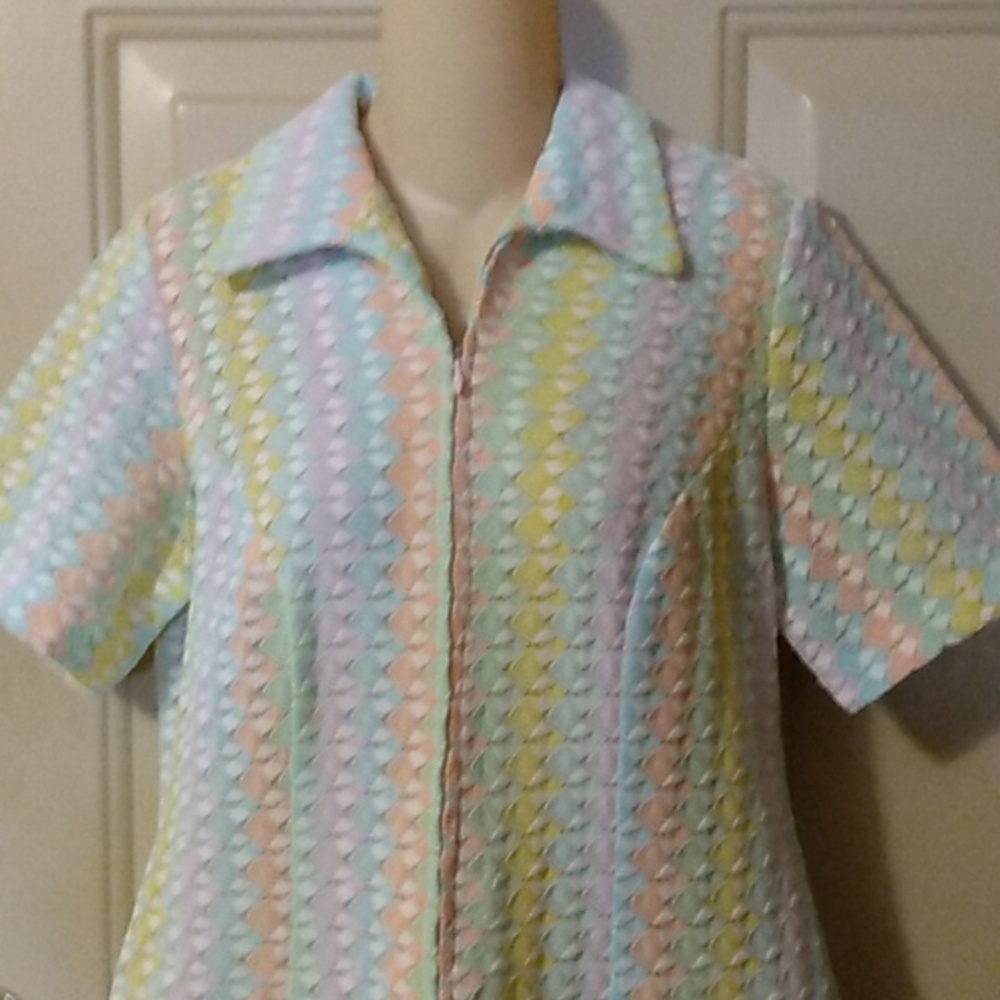 Vtg 70s house coat dress scalloped pastel mcm
